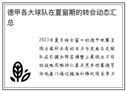 德甲各大球队在夏窗期的转会动态汇总
